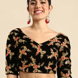 Ethnovog Embroidered Zari Velvet Saree Blouse-image-46