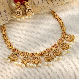 Rubans 22K Gold-Plated Ruby & Emerald Cubic Zicronia Stone Necklace Set with Pearl Drops image 4