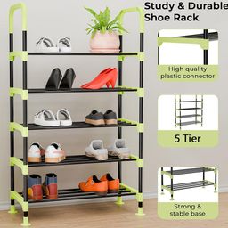 Kuber Industries Black & Green 5 Layer Multipurpose Stackable Shoe Storage Rack image 2
