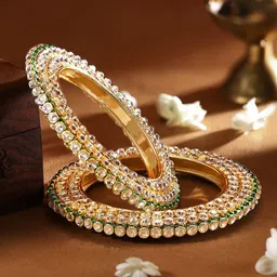Rubans Set of 2 22K Gold-Plated Kundan Studed Handcrafted Bangles with Green Enamel Border image 5