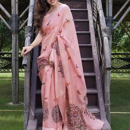 KALINI Peach-Coloured & Blue Polycotton Baluchari Saree-picture-25