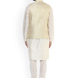 KISAH Men Off-White & Cream-Coloured Self-Design Kurta with Churidar & Nehru Jacket image 5