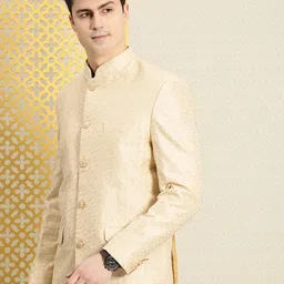 House of Pataudi Jashn Mandarin Collar Textured With Embroidered Bandhgala Blazer-image-87