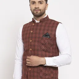 KLOTTHE Men Maroon & Navy Blue Checked Nehru Jacket image 2