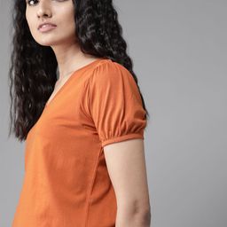 Roadster Women Rust Orange Solid Puff Sleeves Pure Cotton Top-image-27