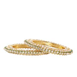 Rubans Set of 2 22K Gold-Plated Kundan Studed Handcrafted Bangles with Green Enamel Border image 4