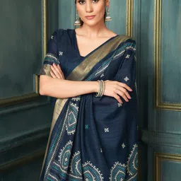 KALINI Ethnic Motifs Zari Silk Blend Block Print Saree image 2