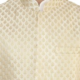 KISAH Men Off-White & Cream-Coloured Self-Design Kurta with Churidar & Nehru Jacket image 4