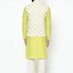 KISAH Men Cream-Coloured & Lime Green Solid Kurta with Churidar & Nehru Jacket image 4