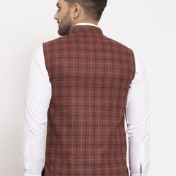 KLOTTHE Men Maroon & Navy Blue Checked Nehru Jacket image 3