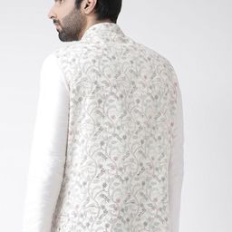 KISAH Men Cream-Coloured & Red Printed Pure Cotton Nehru Jacket image 2