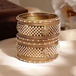 Rubans Set Of 6 Gold Plated Pearl-Beaded Antiques Bangles-image-96