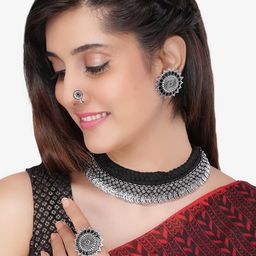 Yellow Chimes Silver-Plated German Silver Oxidized Jewellery Set-76