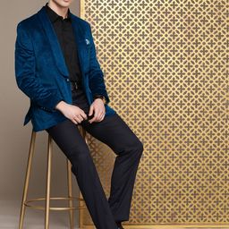 House of Pataudi Self Design Shawl Collar Single-Breasted Velvet Finish Blazer-picture-56