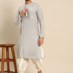 KISAH Men Grey & Cream-Coloured Sequinned Kurta with Dhoti Pants image 1