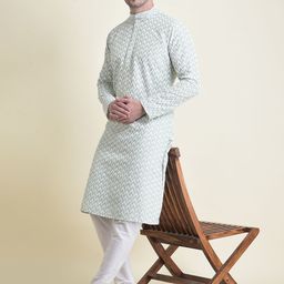 TABARD Geometric Chikankari Embroidered Thread Work Straight Fit Cotton Kurta-picture-3