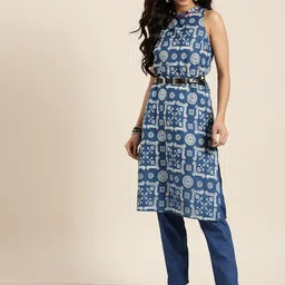 Sangria Women Navy Blue & Off-White Printed Kurta with Trousers-image-56