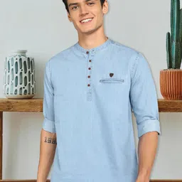 Kuons Avenue Band Collar Long Sleeve Denim Short Kurta-image-8