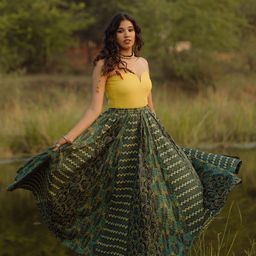 anayna Green & Beige Printed Pure Cotton Maxi Flared Skirt-30
