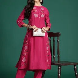 Indo Era Floral Embroidered Thread Work Pure Cotton Kurta with Trousers-42