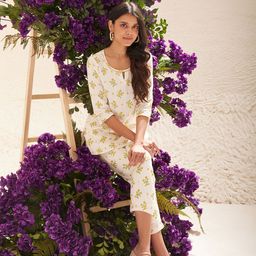 AURELIABand Collar Floral Printed Kurti with Trousers-image-30