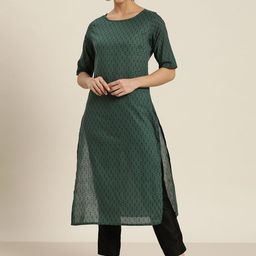 Sangria Women Green & Black Ethnic Motifs Cotton Printed Kurta-picture-22