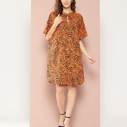 Qurvii Animal Print Tie-Up Neck Flared Sleeve Crepe A-Line Dress-image-69