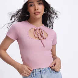glitchez Romantic Tie-Up Neck Self-Striped Top-image-87