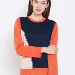 Belle Fille Women Navy Blue & Orange Colourblocked Sweatshirt-image-48