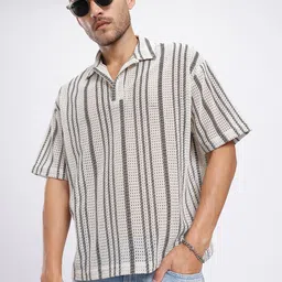 glitchez Polo Collar Open Weave Knit Oversized T-shirt-image-56
