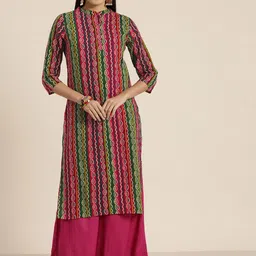Sangria Women Pink & Green Bandhani Screen Print Pure Cotton Straight Kurta-image-26