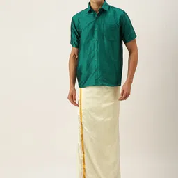 THANGAMAGAN Men Green & Off White Shirt with Dhoti Pants-picture-48