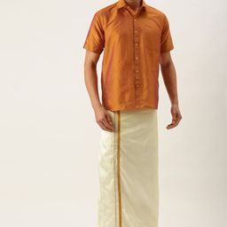 THANGAMAGAN Men Orange & Off White Shirt with Dhoti Pants-picture-32