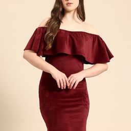 Qurvii Off-Shoulder Velvet Bodycon Dress with Ruffle Detail-image-44
