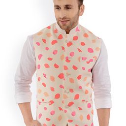 Hangup Men Beige Printed Nehru Jacket-28