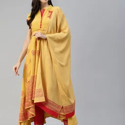 MBE Women Yellow Ethnic Motifs Printed Kurta with Trousers & With Dupatta-image-13