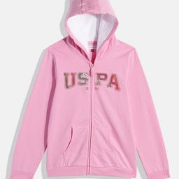 U.S. Polo Assn. Kids Girls Pink Brand Logo Printed Hooded Sweatshirt-image-38