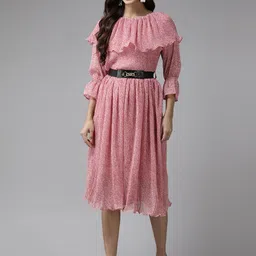 Aarika Red Floral Print Puff Sleeve Layered Georgette Fit & Flare Dress-image-14