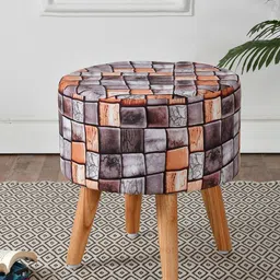 RIANCE CREATIONS  Multi Printed Velvet & Wood Ottomans-44
