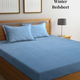 Arrabi Blue 250 TC King Woollen Bedsheet with 2 Pillow Covers-image-98