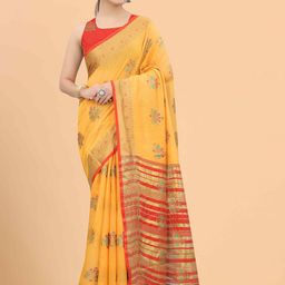 Silk Land Women Mustard & Red Floral Zari Fusion Saree-18