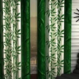 BELLA TRUE Green & White 2 Pieces Floral Printed Black Out Window Curtains-11