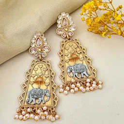 Zeviel Gold-Plated Kundan Studded & Pearls Beaded Temple Animal Shaped Drop Earrings-picture-23