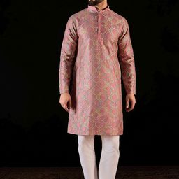 Anouk Peach Geometric Embroidered Mandarin Collar Sequinned Pure Silk Straight kurta-picture-4