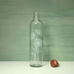 ellementry Transparent Glass Daisy Water Bottle with Lid - Set of 1-10