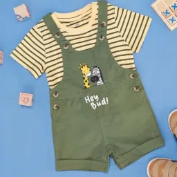 Pantaloons Baby Burnt Olive & Yellow Cotton Striped Dungaree Set-image-80