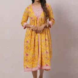 Biba Yellow Printed Flared Double Layered Kurta-picture-20
