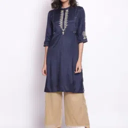 Wishful by W Blue Embellished Straight Kurta-image-93