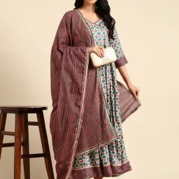 SHOWOFF Teal Green Embellished Anarkali Kurta With Dupatta-image-12