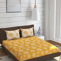 ohello Mustard & White Floral Printed 210 TC King Bedsheet Set- 1.98m x 1.82m-picture-42